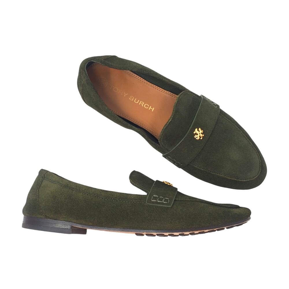 Tory Burch Ballet Flat Loafer Shoes Nat Suede Leccio Green 87258 Size US 6.5 M